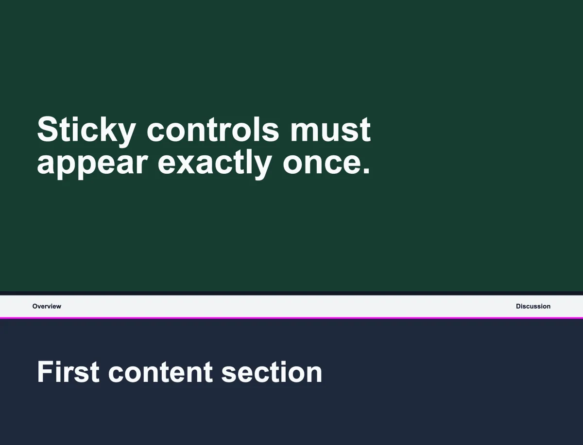 Full-page test output with a sticky header and floating control appearing once